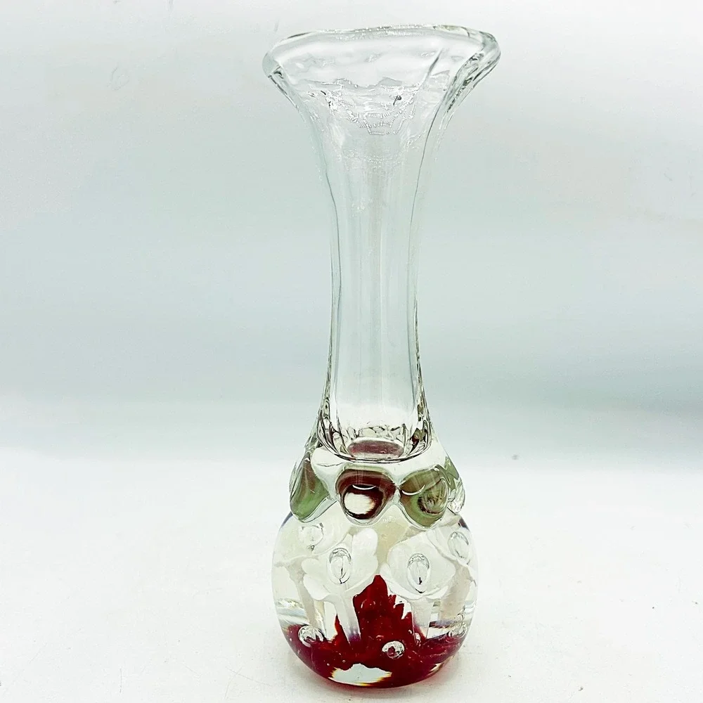 Art Glass Handblown Budvase Red with White Flowers 7